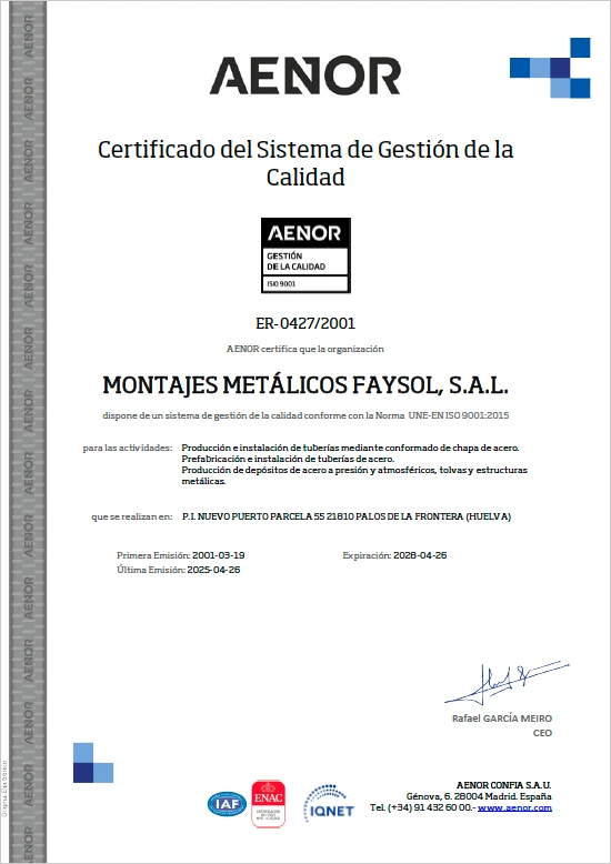 Certificado AENOR del sistema de gestión de la calidad ISO 9001 de FAYSOL S.A.L.