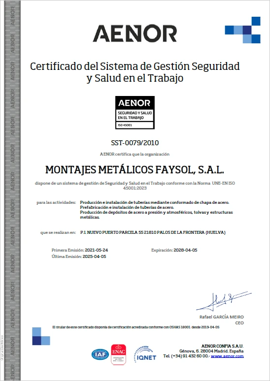 Certificado AENOR del sistema de gestión de seguridad y salud en el trabajo ISO 45001 de FAYSOL S.A.L.