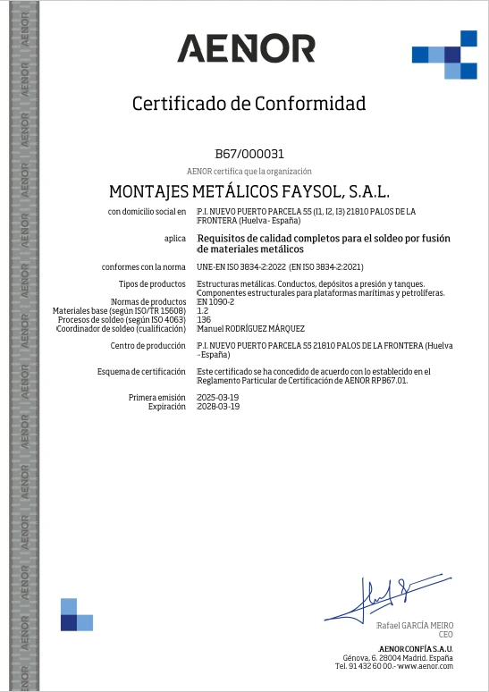 Certificado AENOR UNE-EN ISO 3834-2 de FAYSOL S.A.L.