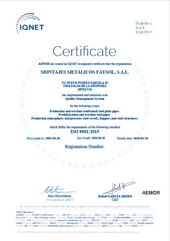 Certificado IQNET del sistema de gestión de la calidad ISO 9001 de FAYSOL S.A.L.