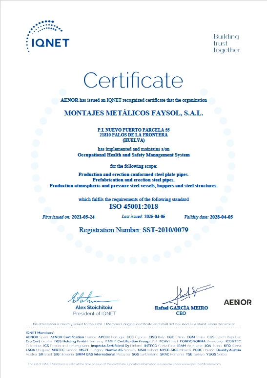 Certificado IQNET del sistema de gestión de seguridad y salud en el trabajo ISO 45001 de FAYSOL S.A.L.
