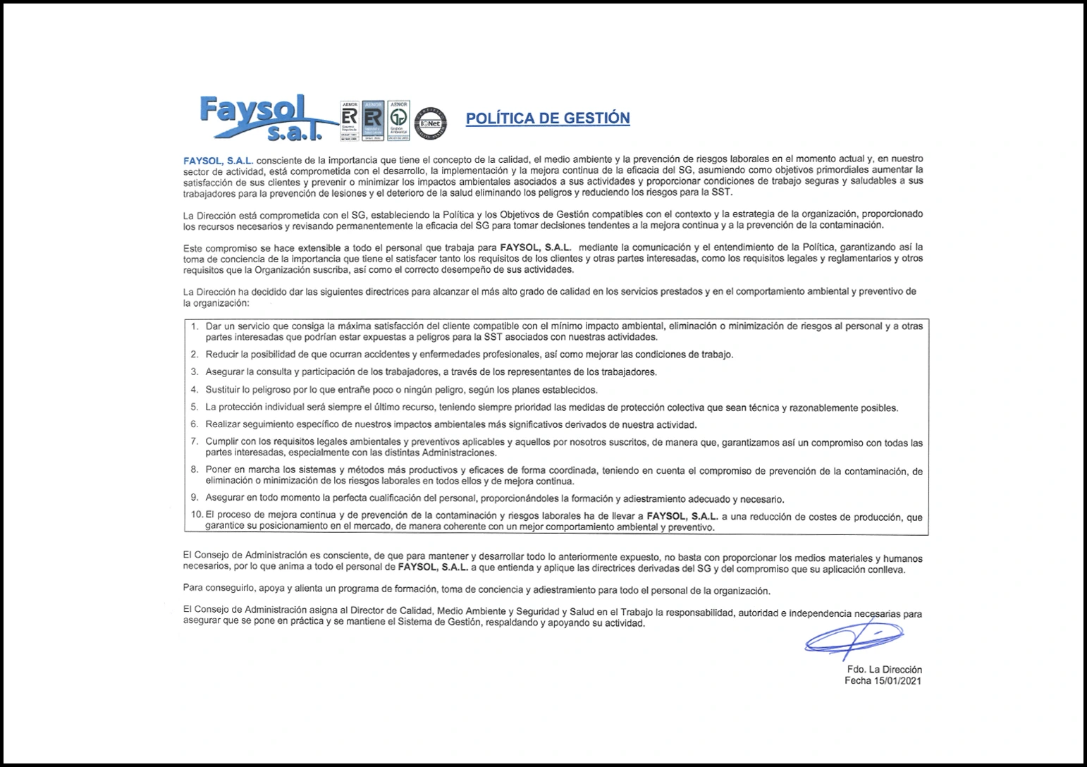 Documento Política de Gestión de FAYSOL S.A.L.